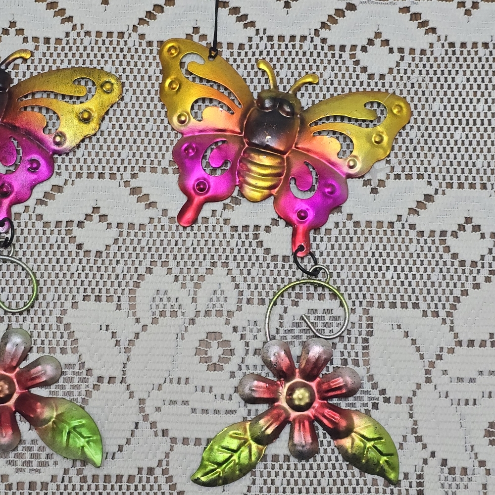 2pc Set New Butterfly Rustic Metal Hanging Garden Patio Decor Yellow Pink Red - Picture 7 of 8